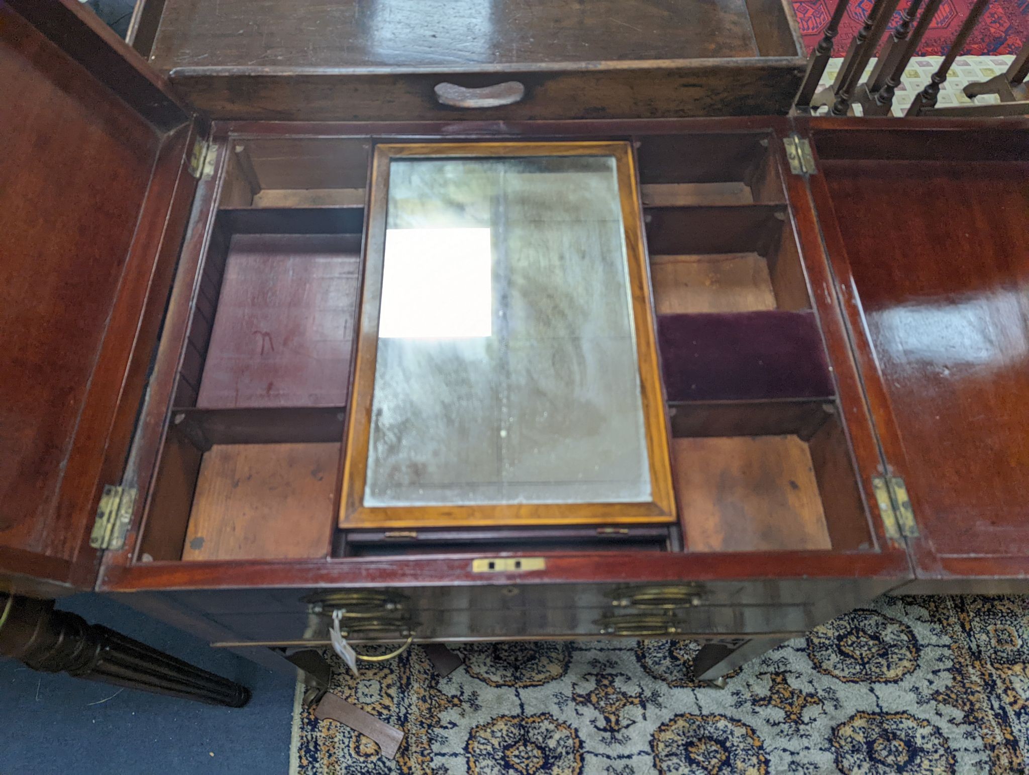 A George III satinwood banded later floral painted mahogany enclosed washstand, width 62cm, depth 51cm, height 78cm